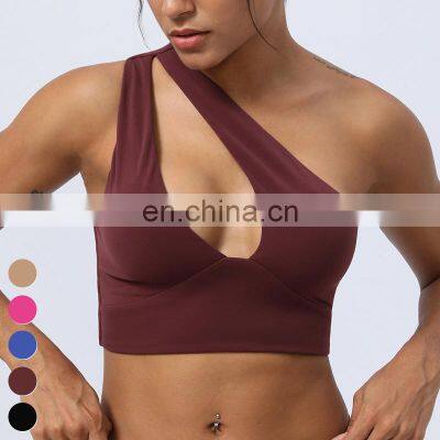 New Running Fitness Tank Top One Shoulder Shockproof Sports Bra Gym Fitness Yoga Tops Women Sports Bra With Removable Pads