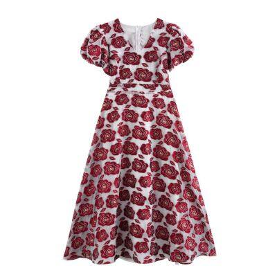 Women's temperament heavy jacquard pullover V-neck bubble sleeve long dress