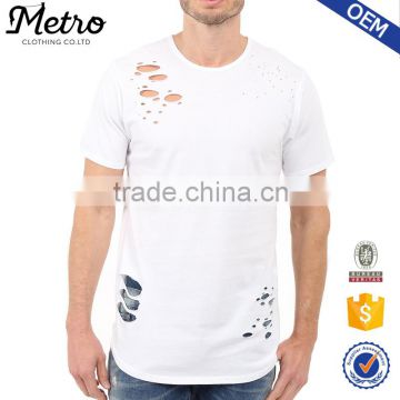 Hot Sale Custom Mens White Ripped Curved Hem T Shirts