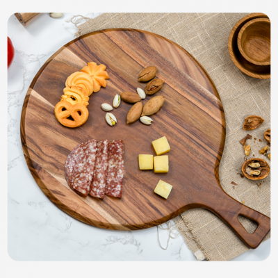 In Stock Multi-Function Round Acacia Wood Board Pizza Cutter Plate Steak Tray Thick Chopping Board With Handle for Baking photo-4