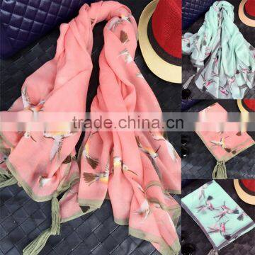 Fashion Beautiful Bird Print Large Thin Plain Cotton Square Scarf with Tassels