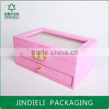 Pink Beautiful Fashion Leather Wooden Drawer Jewelry Box With Pvc Window photo-2