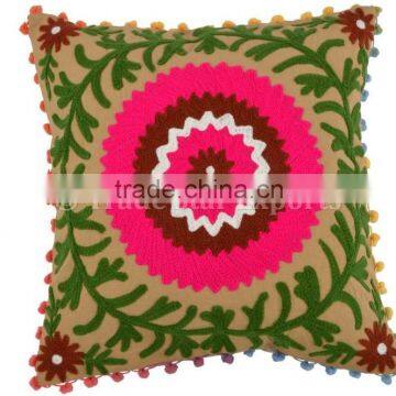 Square Pillow Cover Suzani Sofa Cushion Embroidered Pom Pom Shams Throw Pillow