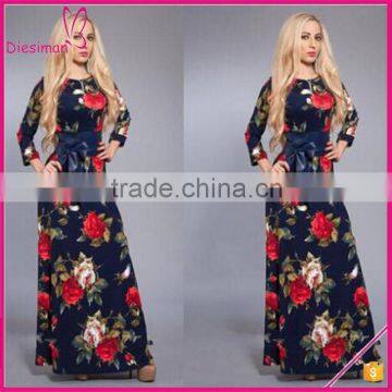 Long Sleeve Women Vintage Print Chiffon Maxi Floral Dress