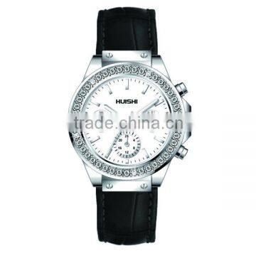 Black Leather Japan Movt Stainless Steel Back Quartz Geneva Watches