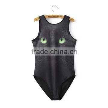 lady clothing backless black cat image printed fabric swimming wear for girls