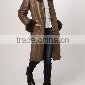 2014 Fashion women winter lamb fur long jacket with real sheep leather sleeves and fox fur collar ladies leather coat