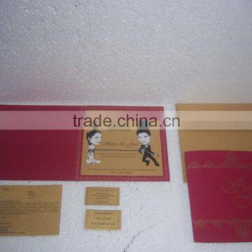 custom printed wedding stationery with hand drawn images of bride and groom along with matching rsvp and thank you cards