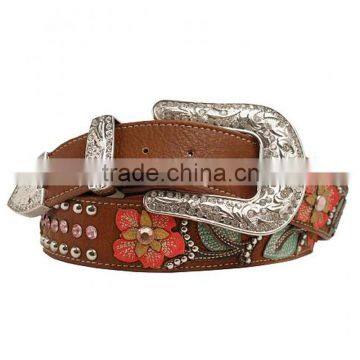 Western cowgirl Pink and silver studs flower applique floral studded belt