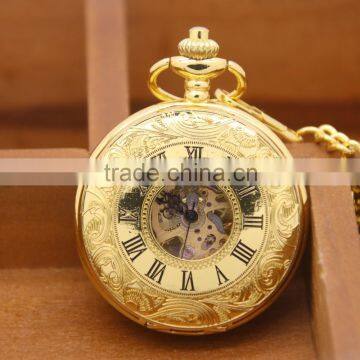 Classic roman number luxury man gold skeleton automatic mechanical pocket watch double surface