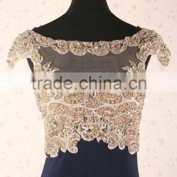 Sexy Elegant High Tall Beaded Cap Sleeve Navy Blue Long Evening Dress China photo-4