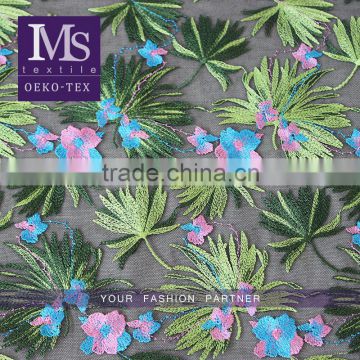 Top fashionable colorful leaves embroidered lace fabric dresses fabrics