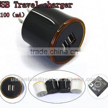 wholesale 2100mA Circular With the aperture dual usb wall chargerBlack +Orange aperture for iphone samsung htc blackberry