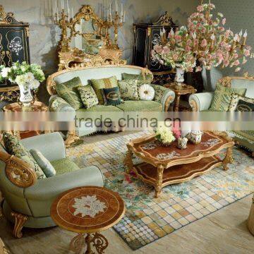 Palace Rococo 24K Gold Plated Wooden Veneer Luxury Fabric Sofa Set/European Living Room Furniture(MOQ=1 SET)