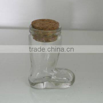 mini unique boots shape glass storage canister with cork stopper
