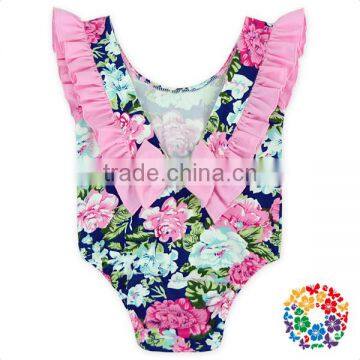 Fancy Sweet Mint Aqua Floral Dancing Leotards With Pink Ruffle and Back Bow Rompers photo-6
