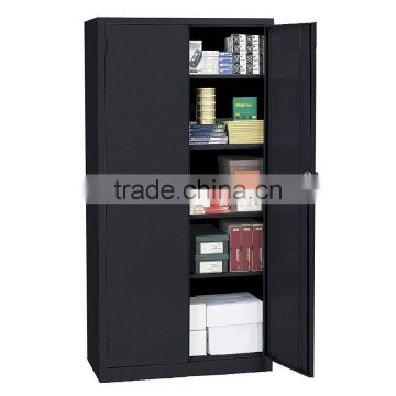 Black storage cabinets with doors and shelves