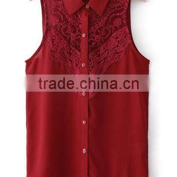 Sleeveless lady chiffon blouse tops sexy lace blouse tops for woman