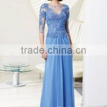 light blue long sleeve lace beaded high neck silk evening dresses