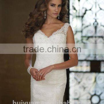 White off Shoulder Full Lace v Neck Closed Back Mermaid Bridal Wedding Dress photo-3
