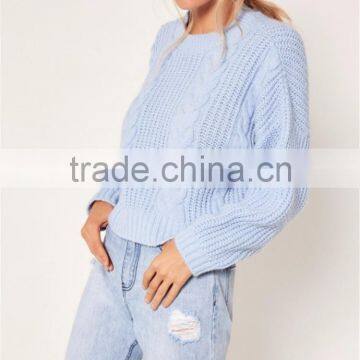 MGOO Women Plain Blue Cable Knit Slouchy Jumper With Drop Shouder Crop Knitwear Sweater photo-3