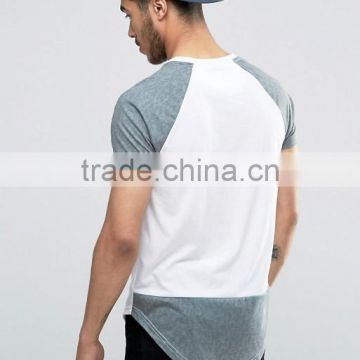 Stylish Men's Contrast Longline Curved Hem T Shirt 65% Polyester 35% Cotton Raglan Short Sleeve Baseball T-Shirt