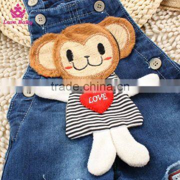 Cute Monkey With Heart Pattern Baby Denim Short Pants Overalls Kids Strap Jeans Pants photo-2