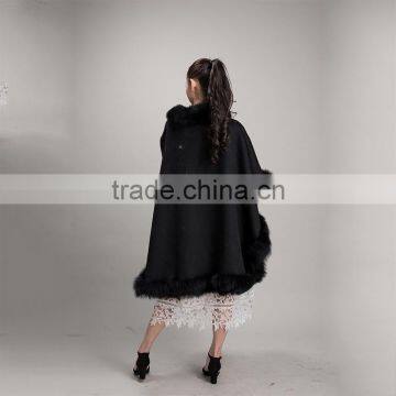 Myfur Fashion Style Women Black Color Cashmere Poncho With Fox Fur Trim Cape/Shawl photo-4