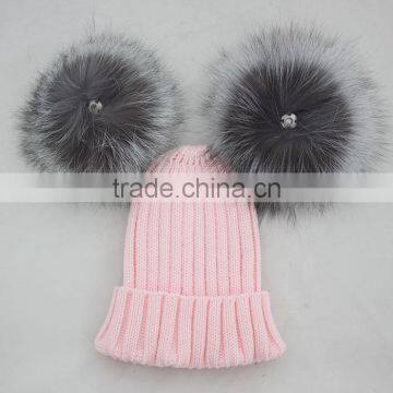 Myfur Baby Pink Wool Ribbed Knit Hat With Removable Silver Fox Fur Pom Poms photo-6