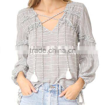 2017 OEM Femme Striped Gauze Tassel Girdle Holiday Blouses photo-2