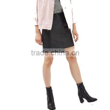 2017 OEM Spring Black PU High Waisted Pencil Skirt With Side Pockets photo-3