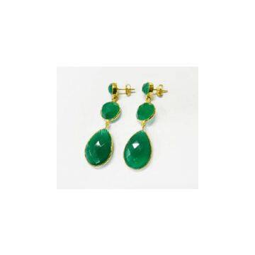 Green Onyx 3 Stone Bezel Setting Gold Plated Silver Earring photo-2