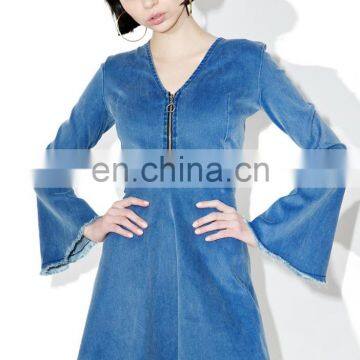 Fashion Jean Dress Long Sleeve Denim Dress with Flared Cuffs Rayed Edging