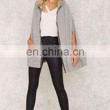 Cool Gray Front Zip Closure And Pockets Poncho Jacket photo-4