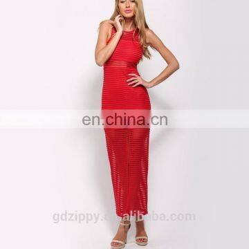 Sleeveless Mesh Stripe Detial Red Net Designer Boutique Dresses photo-5