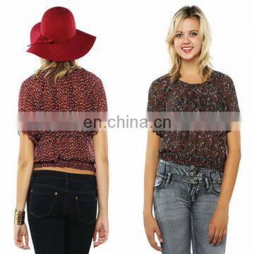 2014 Hot Sale Cheapest Floral Printed Woman Ruffle Chiffon Blouse