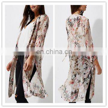 Light Pink Long Floral Chiffon Kimono Jacket With Tie Sleeve