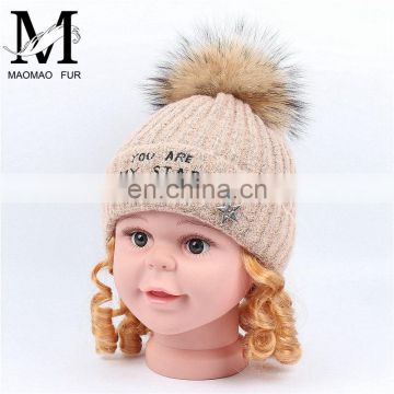 Warm Winter Knitted Beanie Baby Girls Pink Fur Hat With Fur Ball Pom Pom