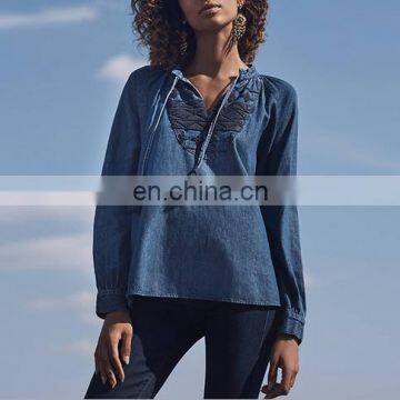 J0831 New Arrival Fashion Vintage Ethnic Embroidery Womens' Denim Shirt photo-3