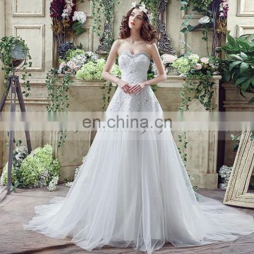 Glamorous Applique Beaded Sweetheart Sleeveless Lace-Up A Line Tulle Wedding Dresses SQS044