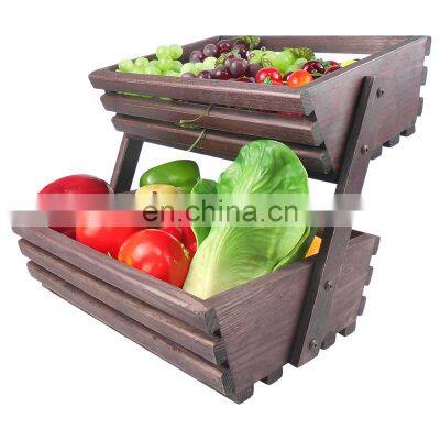 Wooden Fruit Basket 2 Tier Fruit Vegetable Bread Storage for Kitchen Countertop