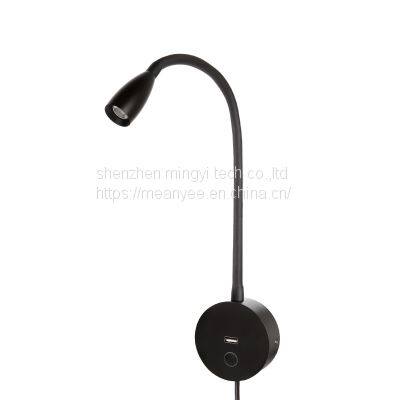Meanyee Wall Reading Lamp Bedside Lights With USB Charging Port/Touch Dimmable Switch/Adjustable Arm/1 * 3W Led/Warm White 3000K/ Plug in Cord/Black Finished