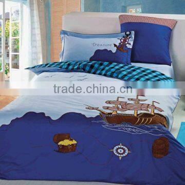 Embroider Boat Bedding Cotton Child Duvet Cover Bed Set 205TC In Blue Color