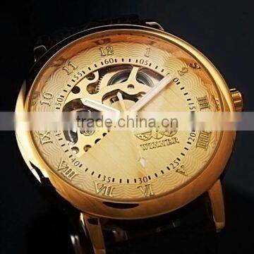 Gents Men's Golden Case Skeleton Dial Hand-Wind Up Leather Mechanical Watch WM208