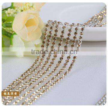 Deep YellowSS6 to SS38 Silver Plating Close Crystal Cup Rhinestone Chain for Jewelry Cheap