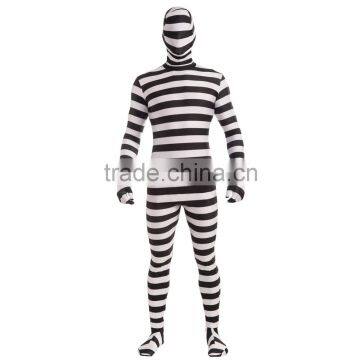 White And Black Striped Adult Morph Suit Halloween Spandex Men Prisoner Bodysuit Costume