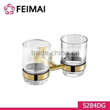 Simple Design Brass Gold Finished Double Tooth Brush Glass Holder photo-3