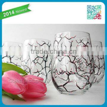 High quality Pink Cherry Blossom fashion style Wine Glass Set of 2 Hand Painted wine cup glass stemless