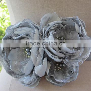 Silver Grey Fabric Flower Belt Ribbon Sash For Wedding,Special Occasion Flower Sash For Evening Dress