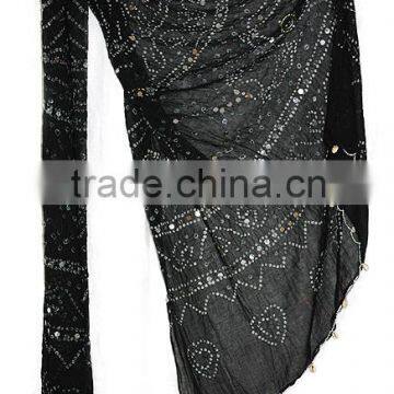 Rajasthani Black Boho Bandhini Bandhej Cotton Dupatta Stole